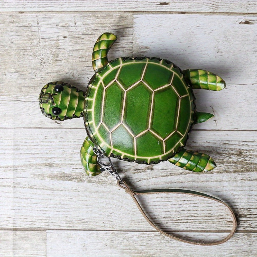 Handcrafted Retro Turtle Coin Purse - Full-Grain Cowhide Genuine Leather, Removable Genuine Leather Wristlet, Zipper Closure, Multi-Compartment for Coins/Cards/Keys, Thoughtful Gift for Women Students Friends Family