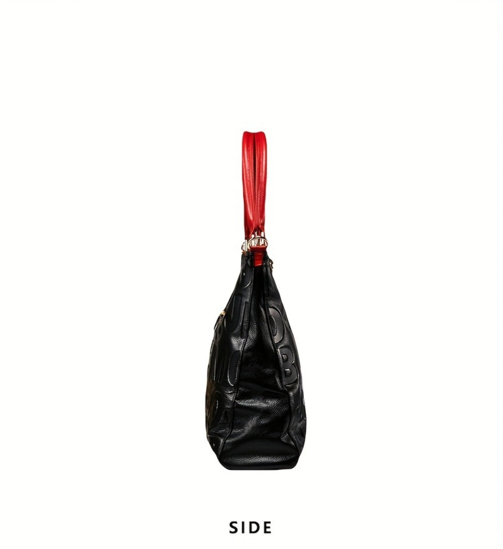 Head Layer Cowhide Letter Bag, Fashionable Motorcycle Bag, Tote Bag, Genuine Leather Women'S Bag, Handbag, Shoulder Bag, Fashionable Hand-held Crossbody Bag