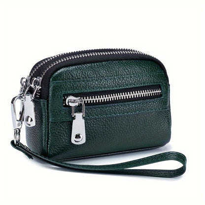 Coin Purse for Women Genuine Leather Small Triple Zipper Coin Wallet Pouch with Removable Wristlet Strap