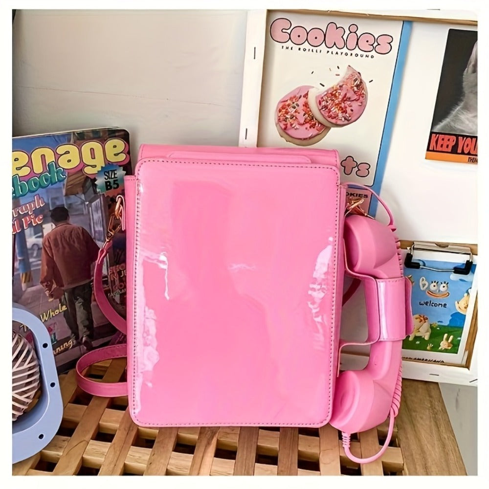 Creative And Stylish PU Glossy Chic Retro Telephone-Shaped Cross Body Bag For Women - Fashionable Simulated Body Bag, Irregular Bag, Shoulder Purse, Comb Bag, Available In Black, Red, Pink. A Perfect Birthday Gift For Your Best Friend Or Family