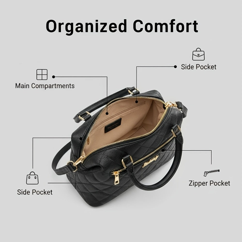 Black Quilted Boston Bag with Golden Hardware and Adjustable Strap- Elegant Heart-Shaped Rhinestone Accessories, Pattern Design, and Fashionable Rivet Details