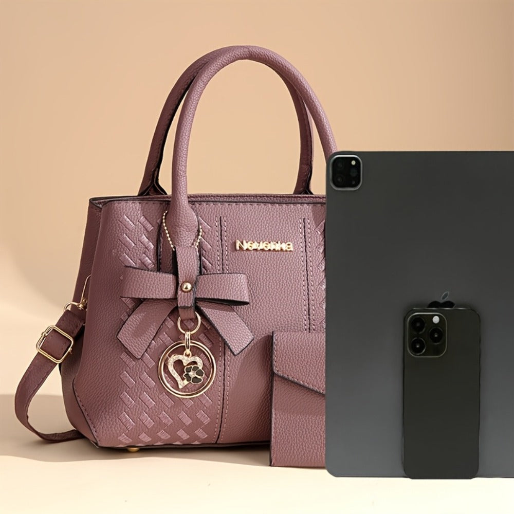 2pcs Women's Bags (one Handbag+one Wallet) Set, Neutral Large Capacity Handbag, Zipper Closure, Polyester Lining, Painted Edges, Detachable Strap, Solid Color, No Pattern, with Handbag, Perfect Gift for Mother's Day And Friends