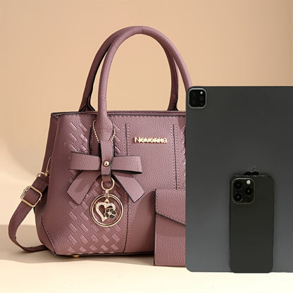 2pcs Women's Bags (one Handbag+one Wallet) Set, Neutral Large Capacity Handbag, Zipper Closure, Polyester Lining, Painted Edges, Detachable Strap, Solid Color, No Pattern, with Handbag, Perfect Gift for Mother's Day And Friends