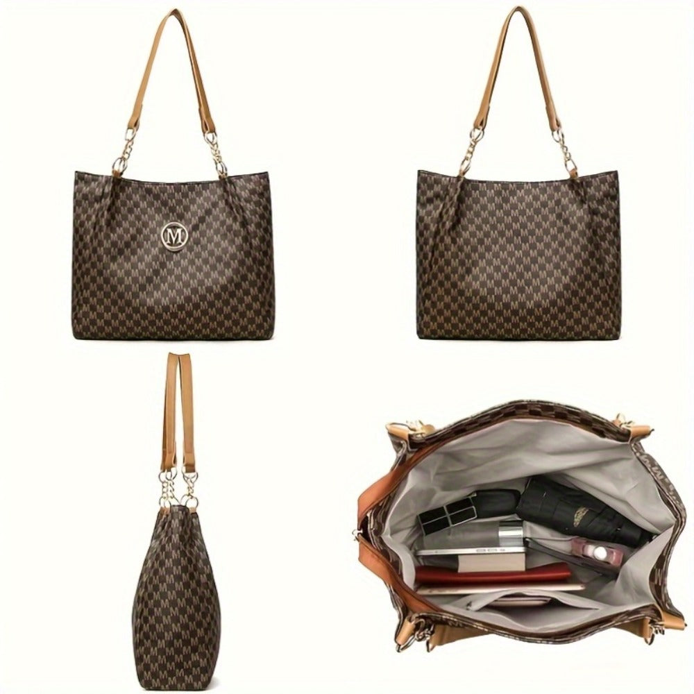 Two-Piece Set Large Capacity Shoulder Bag, Suitable for Elegant Urban Women, Lotus Pattern M Print, Fashionable M-Shaped Hardware Buckle Design, Lightweight Fixed Shoulder Strap, Suitable for Multiple Occasions - Perfect Gift