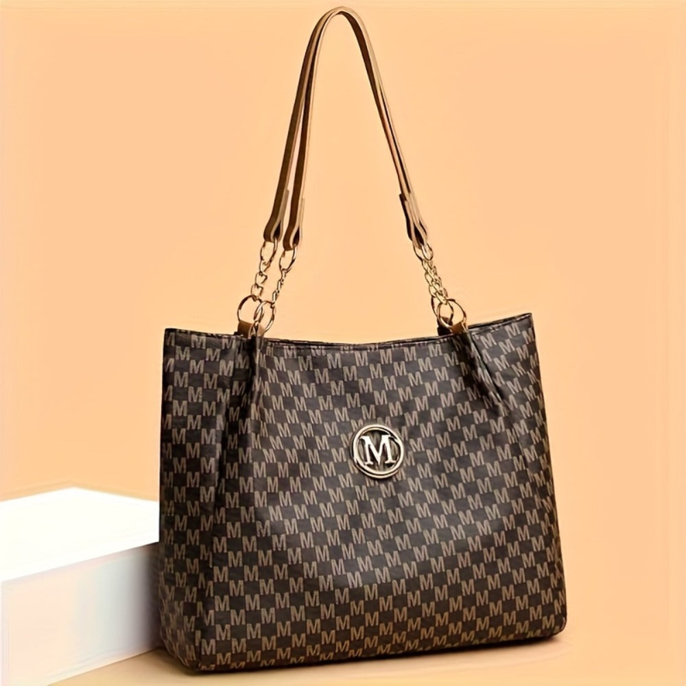 Stylish Handbag for Women Featuring a Golden Chain Shoulder Strap And an 'M' Emblem - Made of Synthetic, Available in Light Brown, White, And Black, with a Houndstooth Design, Zipper Closure, And Lining