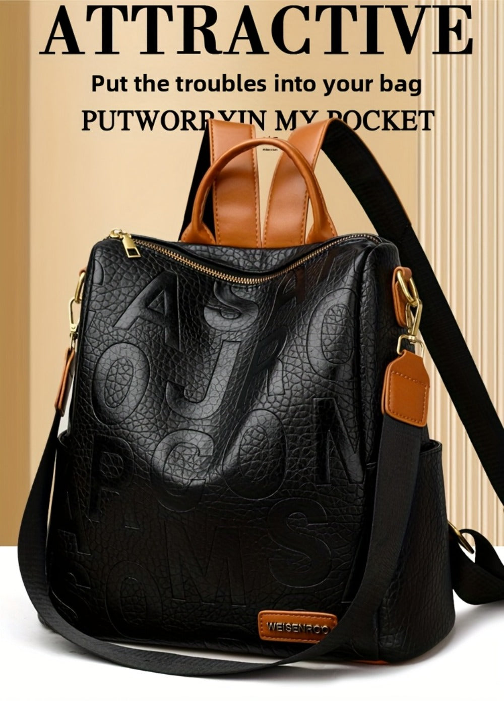A Stylish And Modern Backpack for Women Featuring a Solid Color with Embossed Letters, a Classic Crocodile Pattern, And Golden Hardware Accents. It'S Lightweight with an Adjustable Shoulder Strap, Making It Ideal for Commuting, Leisure, Or Travel