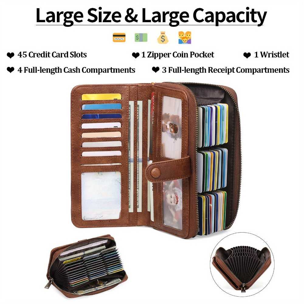 Women's RFID Blocking Wallet & Card Holder with ID Window | Multi-Slot Zipper Purse, Removable Wrist Strap | Compact Long Wallet for Travel/Daily Use | Gift for Her (Lightweight, 45 Card Slots)