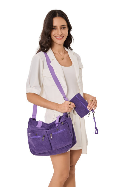 2026 Women's Corduroy Tote and Crossbody Bag Set 2pcs/Set, Large Capacity Laptop Shoulder Bags with Adjustable Strap & Zipper Closure, Casual Travel, Work, Sports, Everyday Purse for Game Day, Football Fan Gear, All Fans