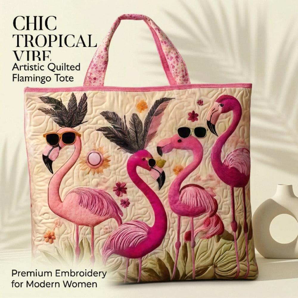 Flamingo with Sunglasses Quilted Applique Tote Bag, Tropical Summer Shoulder Purse for Women