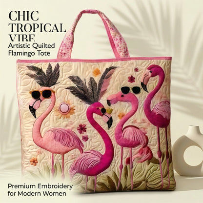 Flamingo with Sunglasses Quilted Applique Tote Bag, Tropical Summer Shoulder Purse for Women