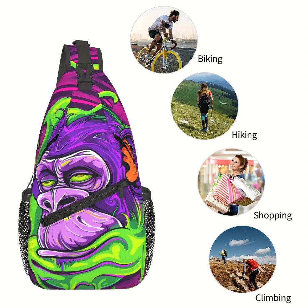 A Vibrant Gorilla-Themed Crossbody Chest Bag Suitable for Hiking, Featuring a Spacious Design. This Stylish And Sturdy Bag Is Perfect for Shopping, Work, Leisure Trips, Beach Outings