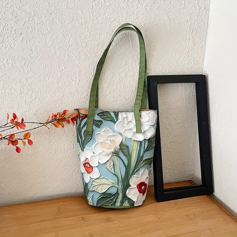 Fashion Oil Painting Flower Summer Handbag - Women'S Trendy Lightweight Shoulder Bag, Summer Large Capacity Tote Bag, Shoulder Back And Bucket Design, Magnetic Buckle Closure, Suitable For Daily Commuting And Leisure Bucket Bag.