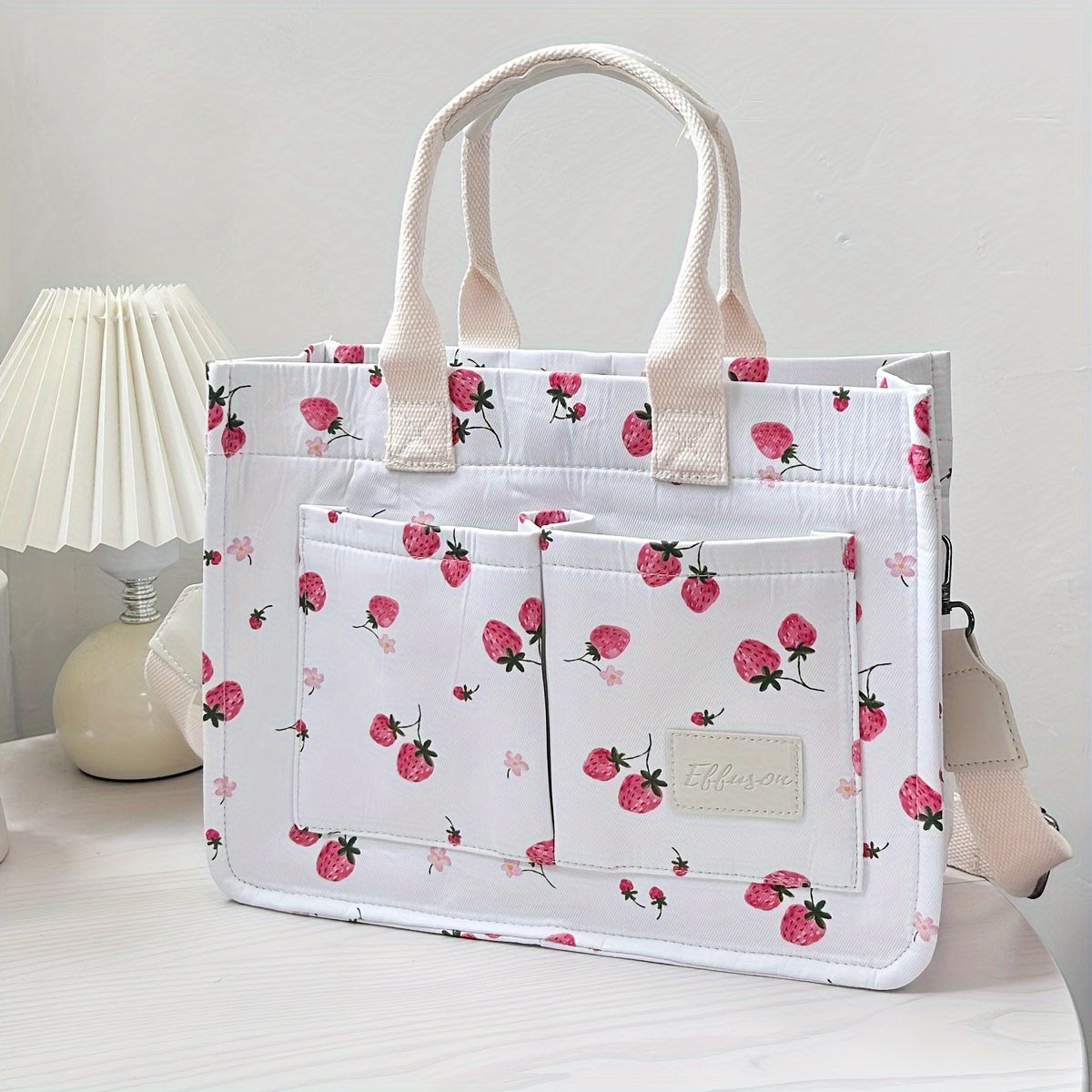 Tote Bag for Women Patched Purse Cute Shoulder Bag Multi-Pocket Satchel Handbag for Work Travel, Strawberry, Cherry, Daisy