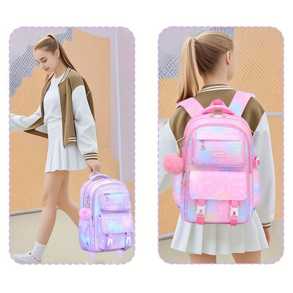 3pcs Girls' Large Capacity School Backpack with Lunch Box Holder & Pencil Case Suitable for Back to School, 15.6” Laptop Compartment, Adjustable Straps, Multi-Pocket Bookbag for Travel, Lunch Storage, Pencil for School Daily Use