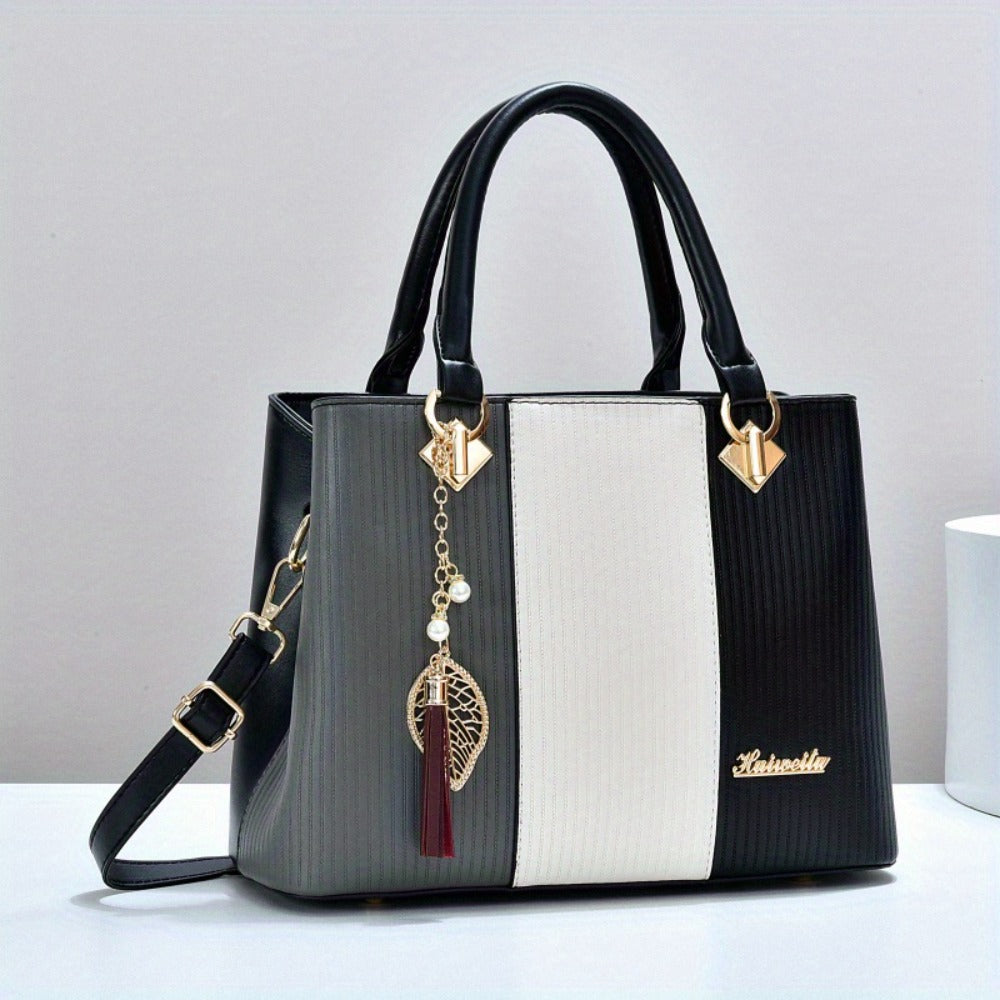 New Colorblock Large Capacity Women's Handbag, Stylish Commuter Tote And Shoulder Crossbody Bag, Perfect Mom Bag
