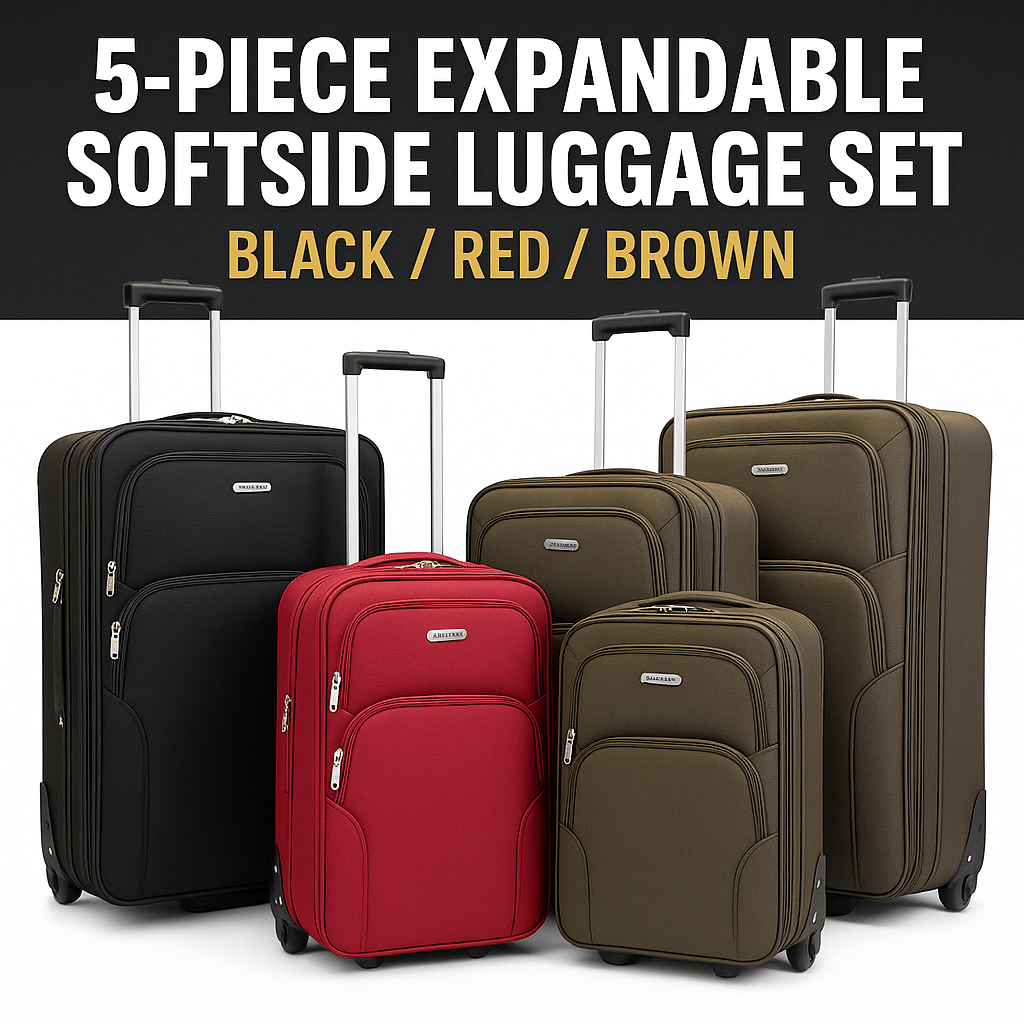 5-Piece Lightweight Softside Luggage Set – 2-Wheel Expandable Rolling Suitcases with Telescopic Handle – Durable Travel Case Set in Multiple Sizes – Inline Wheels & Zipper Compartments – Ideal for Business, Family Travel, Weekend Trips – Black, Red, Brown