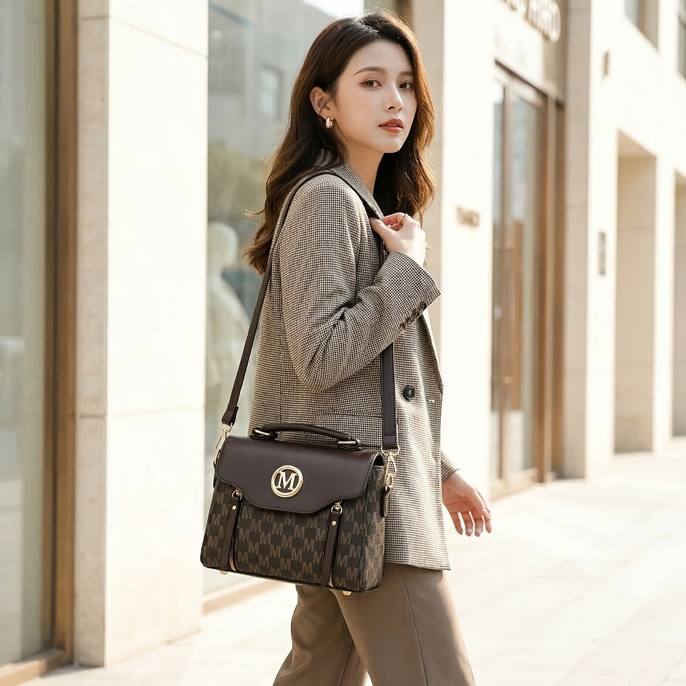 Vintage Geometric Women's Handbag - Large Capacity PU Shoulder Bag with Golden Hardware, Herringbone Pattern and "M" Letter Design, Removable Shoulder Strap for Daily Use (Light Brown/ White/ Black)