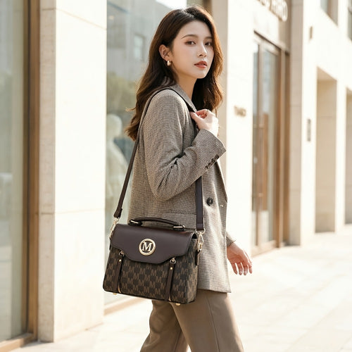 Vintage Geometric Women's Handbag - Large Capacity PU Shoulder Bag with Golden Hardware, Herringbone Pattern and "M" Letter Design, Removable Shoulder Strap for Daily Use (Light Brown/ White/ Black)