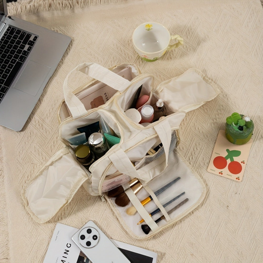 [Travel Makeup Bag] Elegant Standing Travel Makeup Bag with Large Capacity Multi-Compartment - Portable Handle Wash Bag Suitable for Daily Use & -the, Nylon Case with Standing Design ()