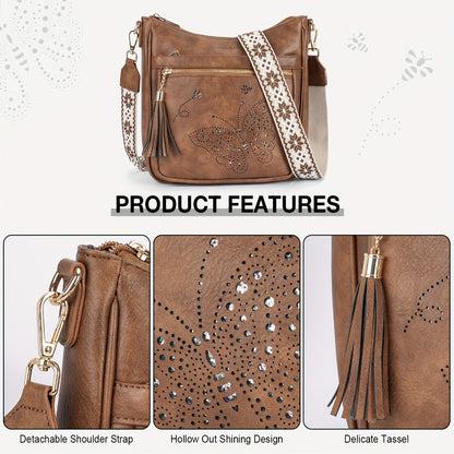 YOVIEE Women'S Large Vintage Butterfly Handbag With Adjustable Crossbody Strap & Fringe Tassel Golden-Tone Hardware, Secure Zipper Closure, Lining Women'S Handbag Faux Leather Tote Bag Gift For Mom Daily