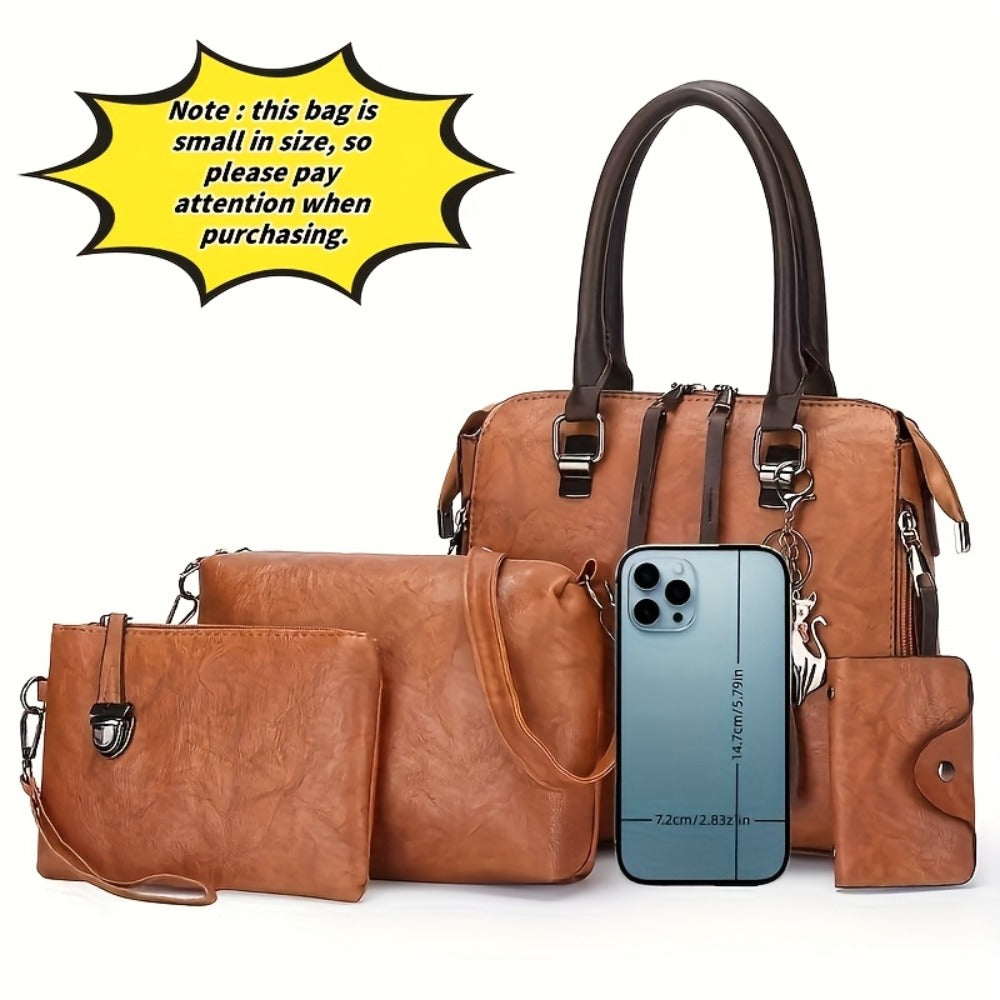 Fashionable And Versatile 4pcs Women's Bag Set, Retro Tote Bag, Crossbody Shoulder Bag, Handbag, Wallet, Oil Wax PU Tassel Tote Bag, Exquisite Y Scarf, Meeting The Needs Of Daily Commuting, Travel, for Best Birthday Gifts
