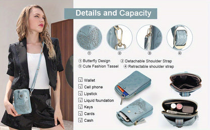 Small Crossbody Bags For Women | Lightweight Mini Cute Cell Phone Purse With Tassel Shining Butterfly, Zipper Closure, Lining, Animal Print For Mom Gift Essential