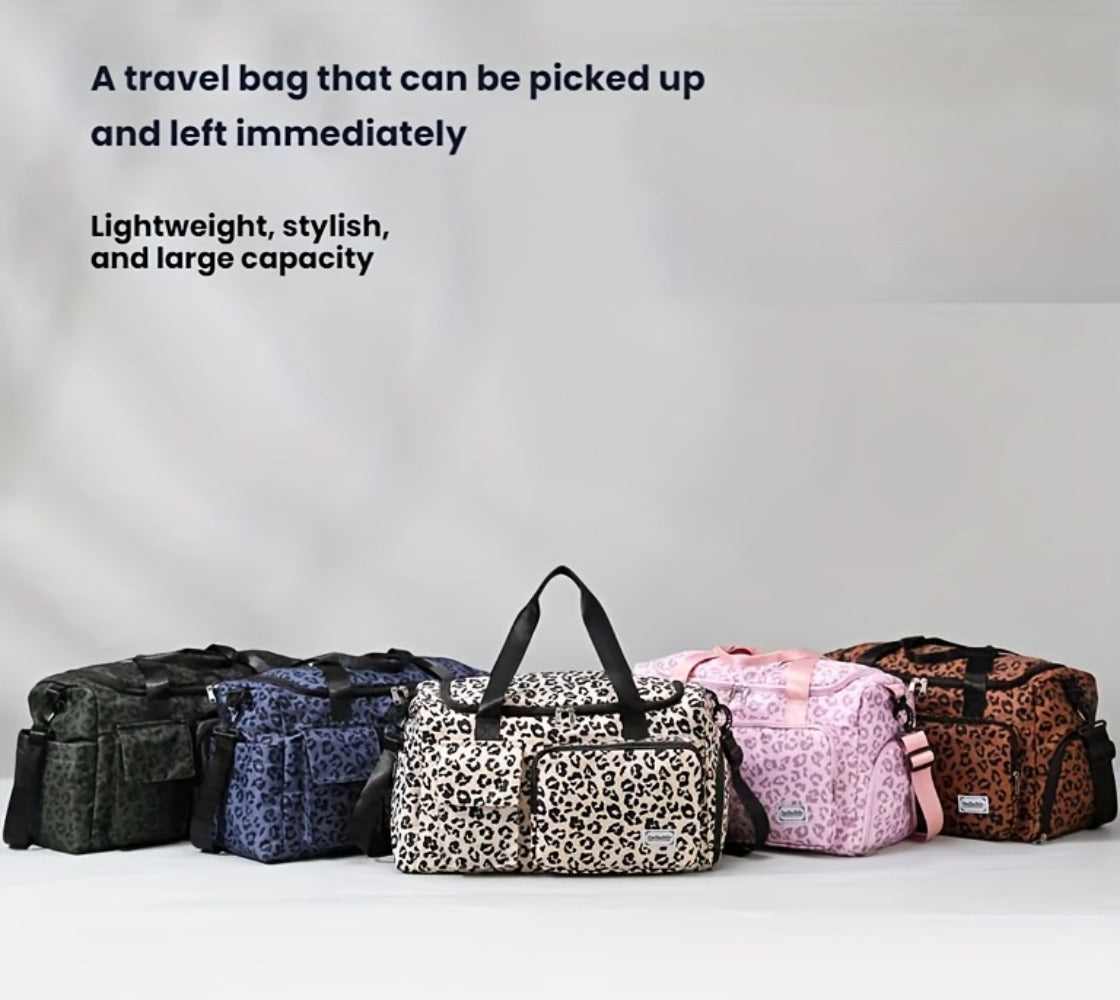 Large Size Large-Capacity Leopard Print Travel Duffel Bag with Multiple Compartments, Shoe Compartments And Spacious Overnight Carry-On Design-Durable Nylon Leisure Sports Fitness Bag, Suitable for Women, Gym, Travel, Weekend Travel, Fitness Bag