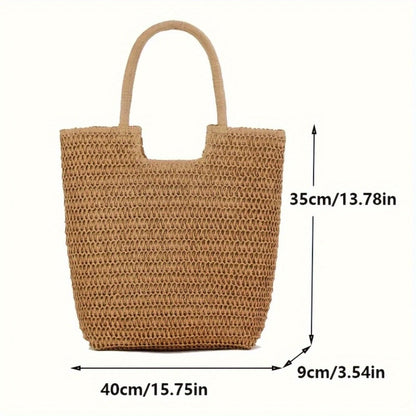 Ladies' Fashion Khaki Straw Tote BagLarge Capacity, Casual Woven Shoulder Handbag with Zipper Closure. Festival-themed, suitable for beach, shopping, picnic a must-have beach bag.