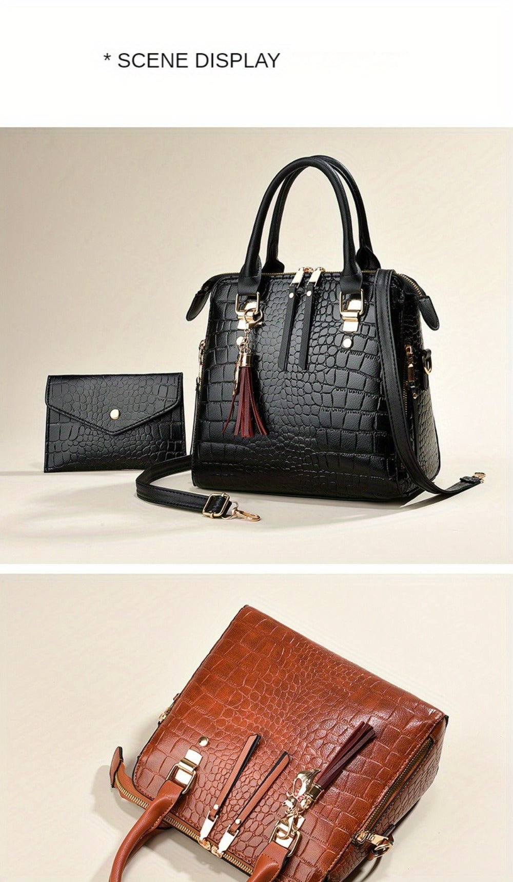Fashion Crocodile Pattern Women's Handbag 2pcs Set, Women's Shoulder Bag with Tassel Decoration, Metal Cat Pendant Crossbody Bag