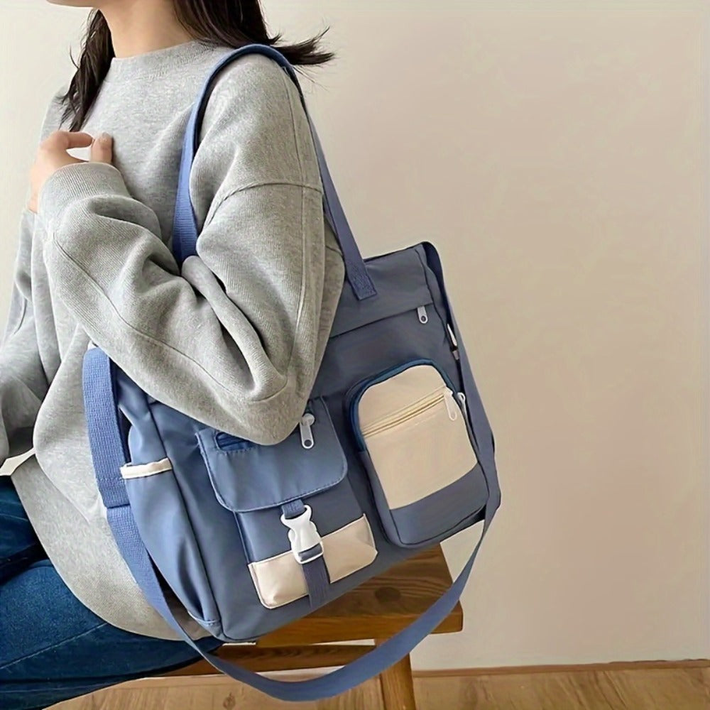Artistic Girl Large Capacity Shoulder Bag, Versatile Student Contrast Color Messenger Bag, Portable Canvas Bag