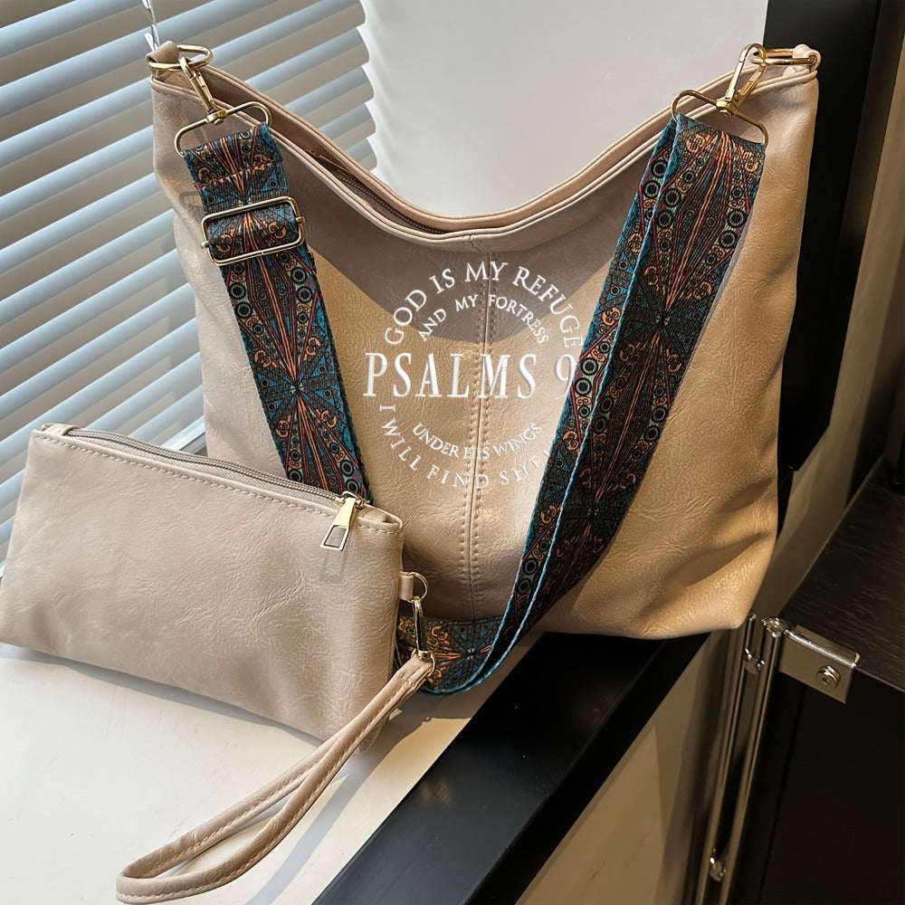 Wide Shoulder Strap, Large Capacity Tote Bag, Mother And Daughter Bag, Shoulder Body Bag, Underarm Bag, Coin Purse, Casual Versatile, White with English Lettering.Psalms91. Theme Suitable for Daily Commuting