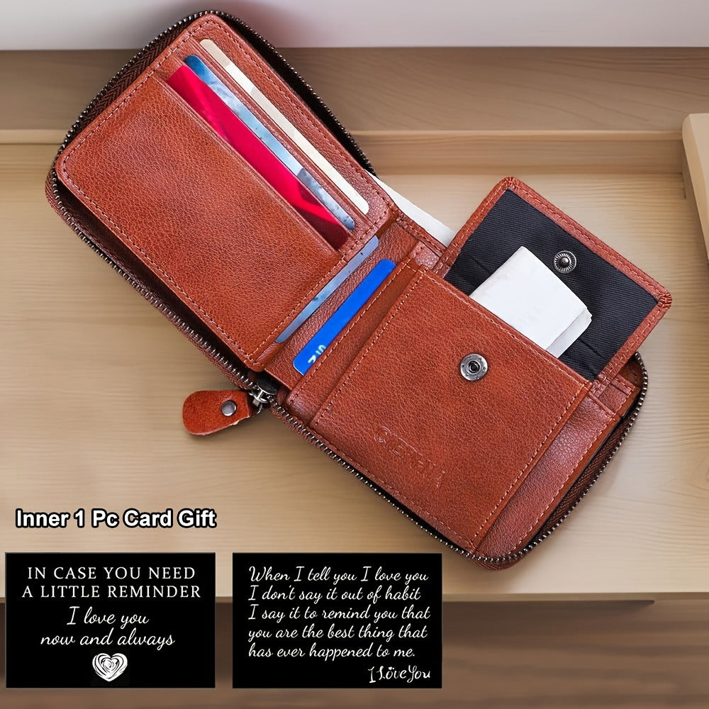 Men'S Genuine Leather Zipper Wallet RFID Secure Large Capacity Double Fold Multi-Card Top Layer Leather Wallets for Men And Coin Purse Christmas Father'S Day/Valentine'S Day/Anniversary Gift The Set Includes a Greeting Card