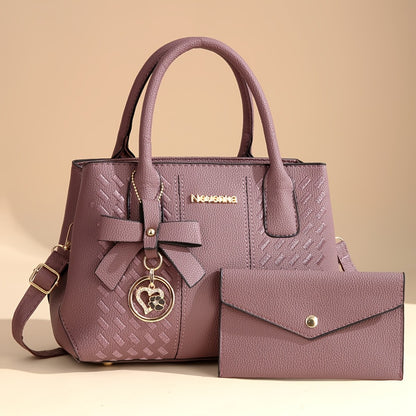 2pcs Women's Bags (one Handbag+one Wallet) Set, Neutral Large Capacity Handbag, Zipper Closure, Polyester Lining, Painted Edges, Detachable Strap, Solid Color, No Pattern, with Handbag, Perfect Gift for Mother's Day And Friends