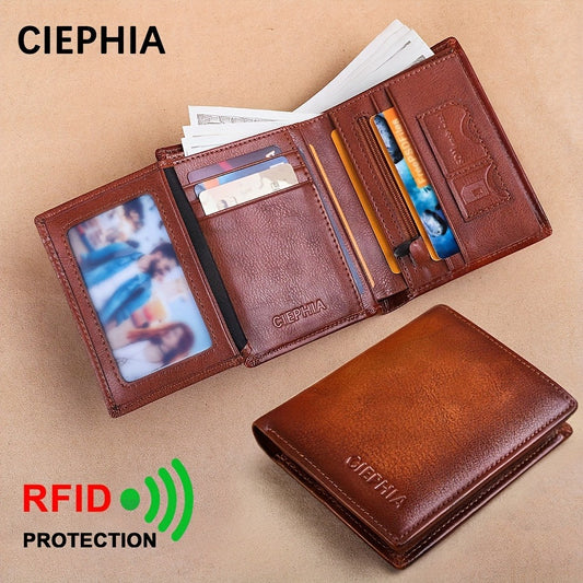 CIEPHIA Vintage Genuine Leather Wallet with RFID Protection, 12 Card Slots, ID Window, Zippered Coin Pocket Perfect Gift for Valentine's Day, Father's Day, Thanksgiving, Everyday Wallet | Vintage Leather Wallet | Secure Zipper Closure