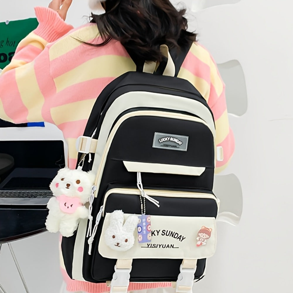 5pcs Solid Color Backpack, Teenager'S Travel Bag, Large Capacity Backpack, Easy Tote Bag, Pencil Case, Casual Crossbody Bag, Lightweight Student Shoulder Bag, for Teenager, For Teenager