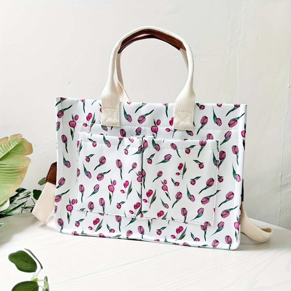 Tote Bag for Women Canvas Patched Purse Cute Shoulder Bag Multi-Pocket Satchel Handbag for Work Books Travel, Bag Only