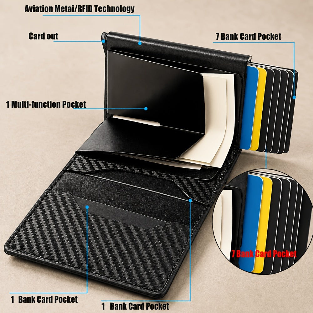 [CARBON FIBER Wallet] Men'S Wallet With Automatic Pop-up Metal Credit Card Holder, RFID Blocking Business Card Wallet, Microfiber Genuine Leather, 10 Card Slots, Smart Airtag, Lightweight Multi-functional Money Clip, Suitable For Travel/ Daily USE.