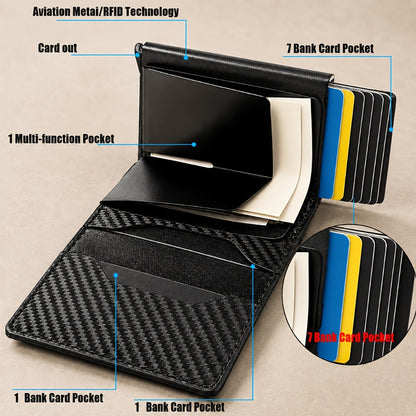 [CARBON FIBER Wallet] Men'S Wallet With Automatic Pop-up Metal Credit Card Holder, RFID Blocking Business Card Wallet, Microfiber Genuine Leather, 10 Card Slots, Smart Airtag, Lightweight Multi-functional Money Clip, Suitable For Travel/ Daily USE.