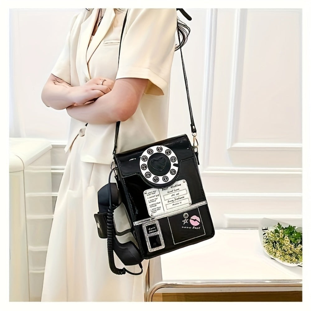 Creative And Stylish PU Glossy Chic Retro Telephone-Shaped Cross Body Bag For Women - Fashionable Simulated Body Bag, Irregular Bag, Shoulder Purse, Comb Bag, Available In Black, Red, Pink. A Perfect Birthday Gift For Your Best Friend Or Family