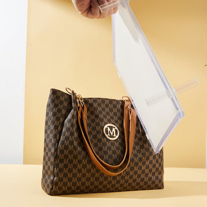 Women's PU Large Capacity Vintage Tote & Crossbody Bag with M Print Character & Hardware - Retro Shoulder Handbag Suitable for Travel,,, Machine Washable, Zipper Closure, //