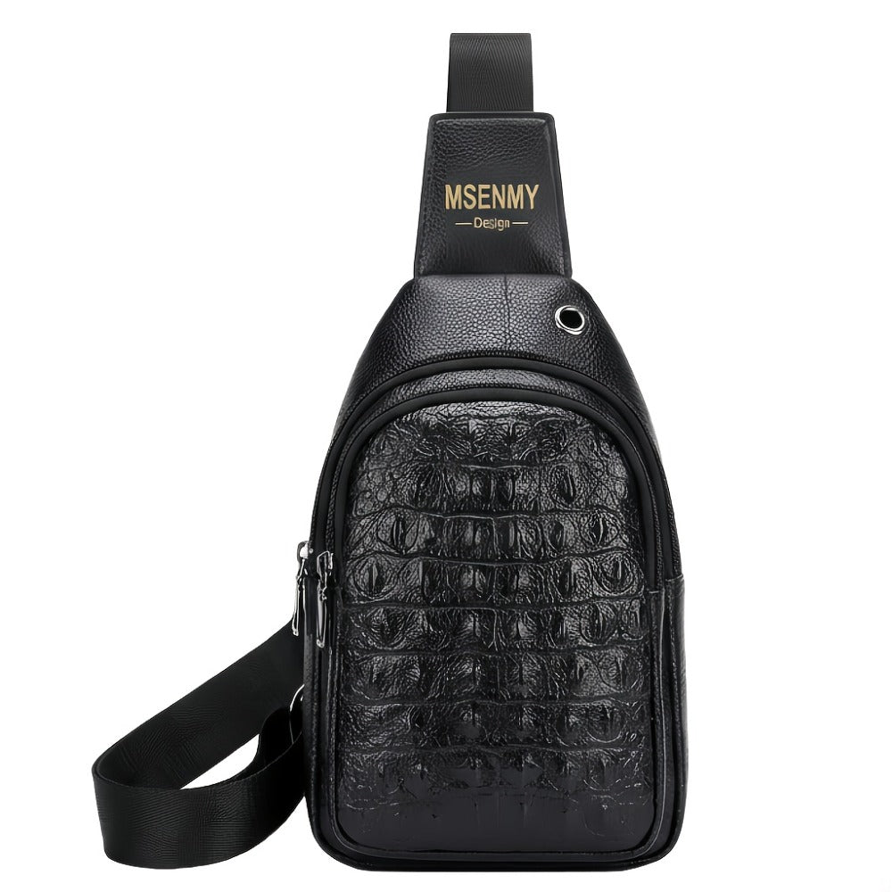 Men' PU Crocodile Texture Crossbody Bag with Adjustable Strap & Earphone Hole - Large Capacity Multi-Compartment Waist/Waist Bag Suitable for Daily Commute, Travel, Business, Retro Style, Sturdy Durable for Phone, Tablet, Earphones