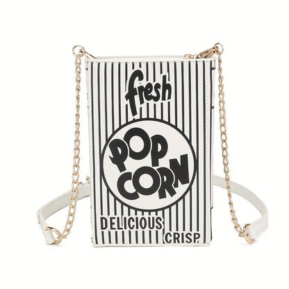 Trendy Popcorn Box Design Handbag for Women, Featuring a Crossbody Style with a Chain Strap, a Distinctive Square Shape, And an Adjustable Wallet