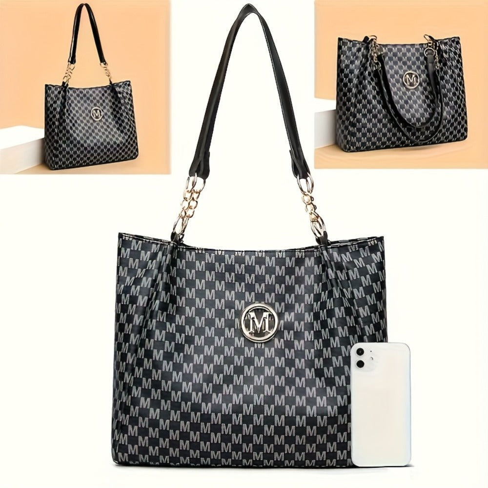 Stylish Handbag for Women Featuring a Golden Chain Shoulder Strap And an 'M' Emblem - Made of Synthetic, Available in Light Brown, White, And Black, with a Houndstooth Design, Zipper Closure, And Lining