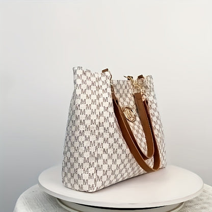 Stylish Handbag for Women Featuring a Golden Chain Shoulder Strap And an 'M' Emblem - Made of Synthetic, Available in Light Brown, White, And Black, with a Houndstooth Design, Zipper Closure, And Lining