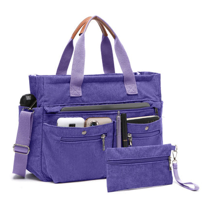Corduroy Tote Bag Set (2PCS) for Women, Laptop Work Bags Crossbody Shoulder Hobo Messenger Handbag Purse Travel Gym Totes