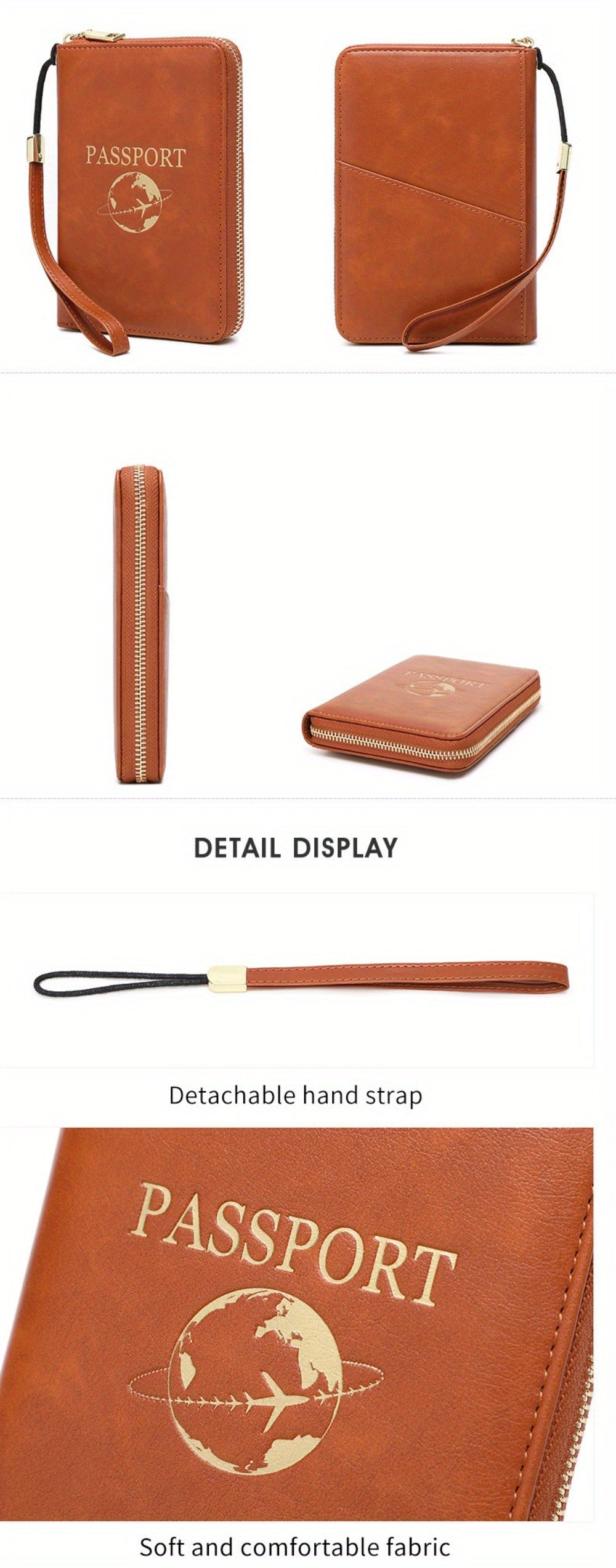Anti-Theft RFID Travel Wallet And Passport Holder - Zipper Closure Bifold, Faux Leather, Detachable Strap | Secure Organizer for Vacation, Airport, Commute, Office (Holds Passport, Tickets, Cash)