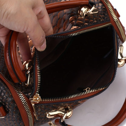 2pcs Retro Snake-Print Boston Bag - Large Capacity Crossbody/Handbag with Detachable Strap, Deep ///, Elegant Animal Pattern Handbags for & Travel, Durable & Easy Maintenance Suitable for Fashion