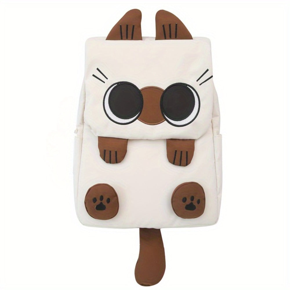 Adorable And Fun Spacious Cartoon Backpack - Made of Sturdy Nylon, Lined with, Features Zip Closure, Washable in Machine - Perfect for University Students, Siamese Cat Design with Brown Highlights