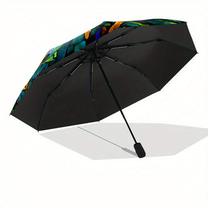 Auto Open-Close Umbrella - Painted Butterfly Pattern with Blue And Golden Floral Design, Sturdy 8-Frame Structure, Auto Fold/Unfold Function, Portable Travel Umbrella, Suitable for Women, Parties And Daily Use, Elegant Sunshade