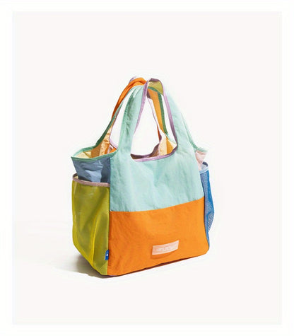Lightweight Patchwork Handbag with Adjustable Strap & Snap Closure - Multicolor Patchwork (////), Machine-Washable Polyester Beach Satchel Bag Suitable for Casual & Dressy Outfits